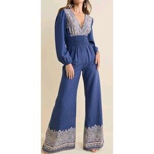 Venus Long Sleeve Smocked Paisley Jumpsuit Wide Bell Bottoms Size 6